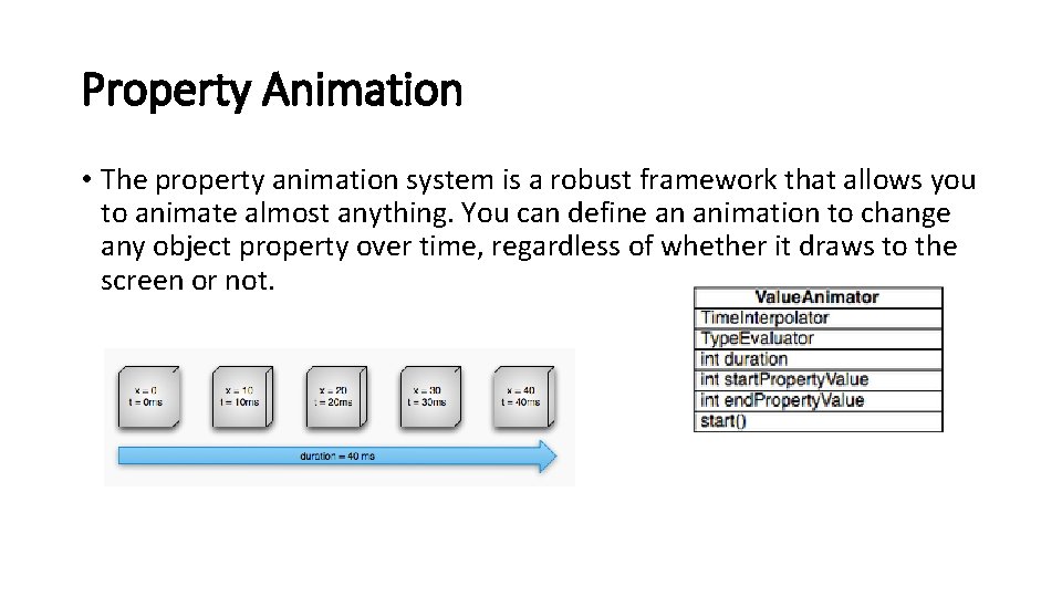 Property Animation • The property animation system is a robust framework that allows you Property Animation • The property animation system is a robust framework that allows you
