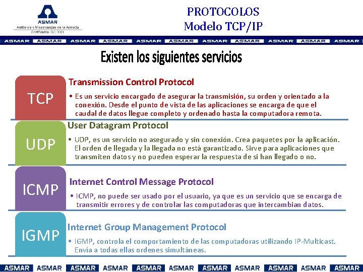 PROTOCOLOS Modelo TCP/IP TCP Transmission Control Protocol • Es un servicio encargado de asegurar