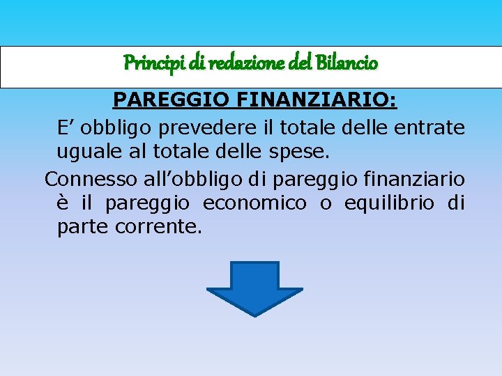 Principi di redazione del Bilancio PAREGGIO FINANZIARIO: E’ obbligo prevedere il totale delle entrate