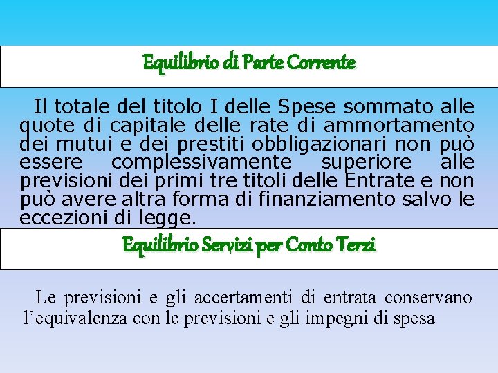 Equilibrio di Parte Corrente Il totale del titolo I delle Spese sommato alle quote