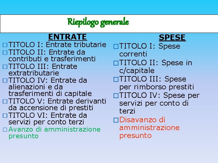 Riepilogo generale ENTRATE SPESE � TITOLO I: Entrate tributarie � TITOLO I: Spese �