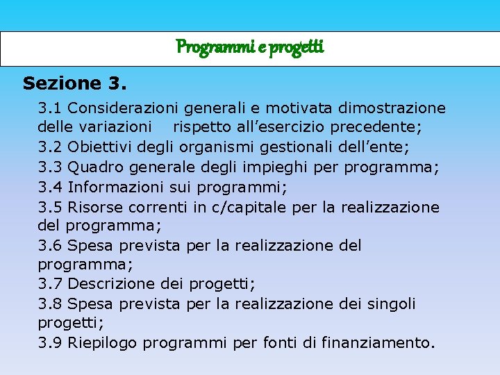 Programmi e progetti Sezione 3. 3. 1 Considerazioni generali e motivata dimostrazione delle variazioni