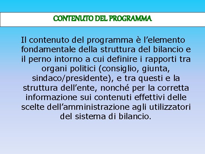 CONTENUTO DEL PROGRAMMA Il contenuto del programma è l’elemento fondamentale della struttura del bilancio