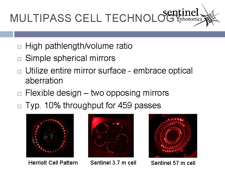 MULTIPASS CELL TECHNOLOGY High pathlength/volume ratio Simple spherical mirrors Utilize entire mirror surface -