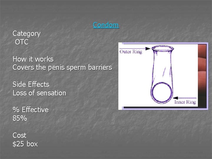 Category OTC Condom How it works Covers the penis sperm barriers Side Effects Loss