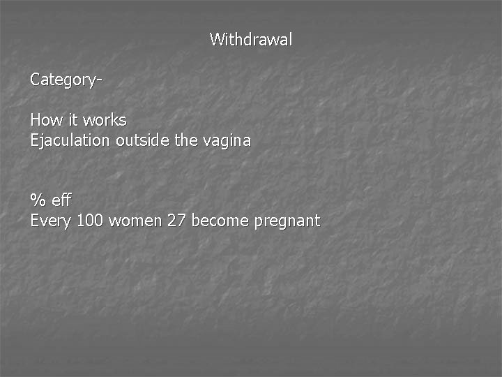Withdrawal Category. How it works Ejaculation outside the vagina % eff Every 100 women