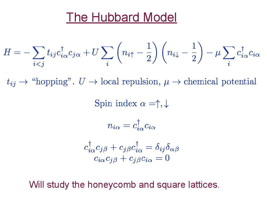 The Hubbard Model Will study the honeycomb and square lattices. 