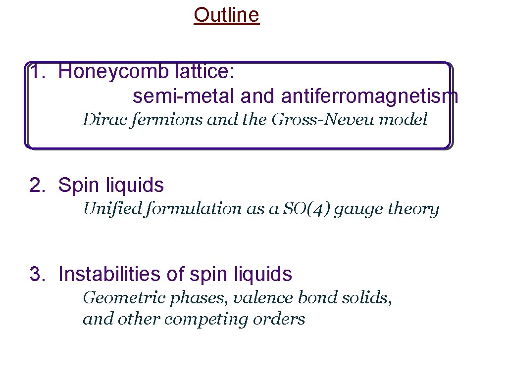 Outline 1. Honeycomb lattice: semi-metal and antiferromagnetism Dirac fermions and the Gross-Neveu model 2.