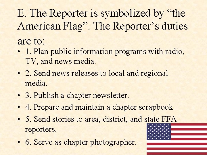 E. The Reporter is symbolized by “the American Flag”. The Reporter’s duties are to: