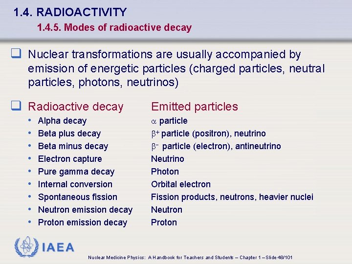 1. 4. RADIOACTIVITY 1. 4. 5. Modes of radioactive decay q Nuclear transformations are