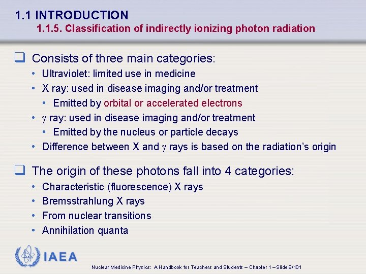 1. 1 INTRODUCTION 1. 1. 5. Classification of indirectly ionizing photon radiation q Consists