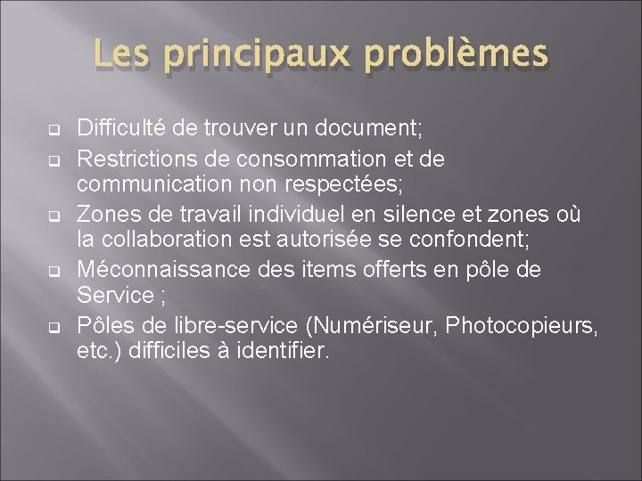 Les principaux problèmes q q q Difficulté de trouver un document; Restrictions de consommation