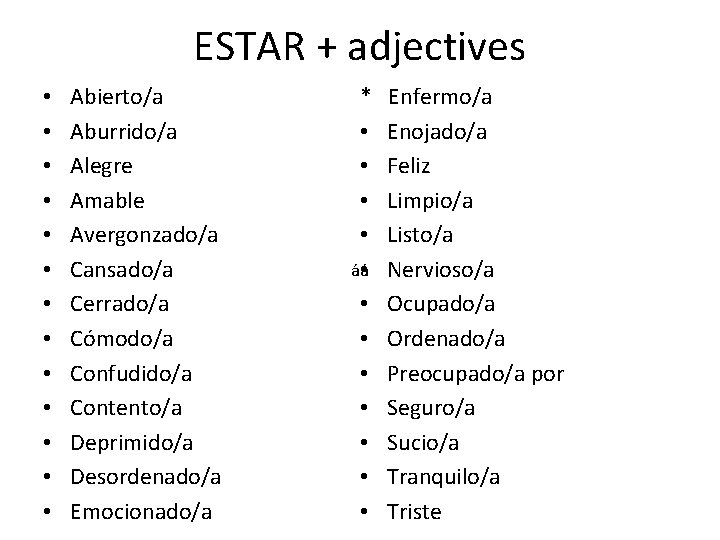 ESTAR + adjectives • • • • Abierto/a Aburrido/a Alegre Amable Avergonzado/a Cansado/a Cerrado/a