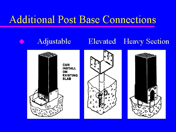 Additional Post Base Connections u Adjustable Elevated Heavy Section 