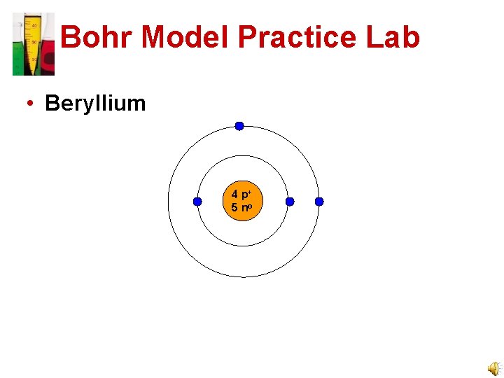 Bohr Model Practice Lab • Beryllium 4 p+ 5 no 