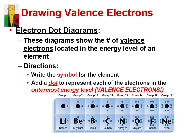 Drawing Valence Electrons • Electron Dot Diagrams: – These diagrams show the # of