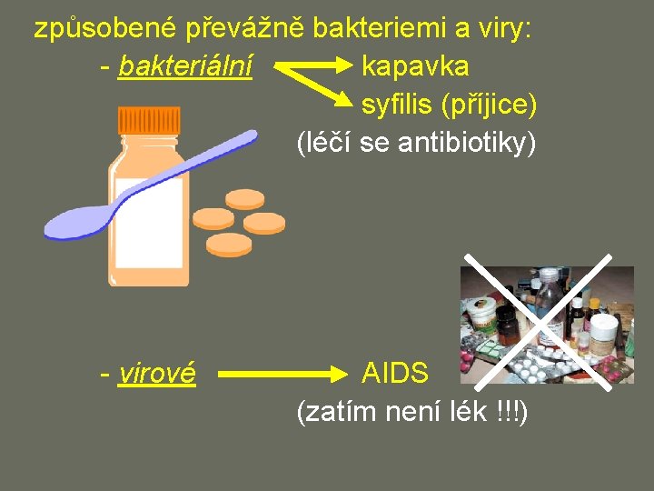 způsobené převážně bakteriemi a viry: - bakteriální kapavka syfilis (příjice) (léčí se antibiotiky) -