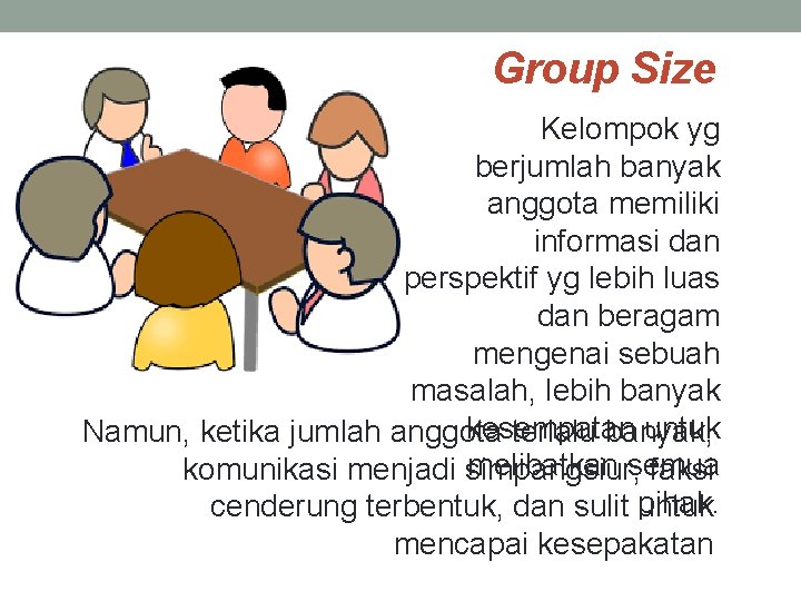 Group Size Kelompok yg berjumlah banyak anggota memiliki informasi dan perspektif yg lebih luas