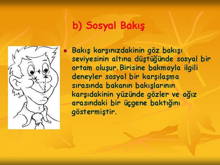 b) Sosyal Bakış n Bakış karşınızdakinin göz bakışı seviyesinin altına düştüğünde sosyal bir ortam