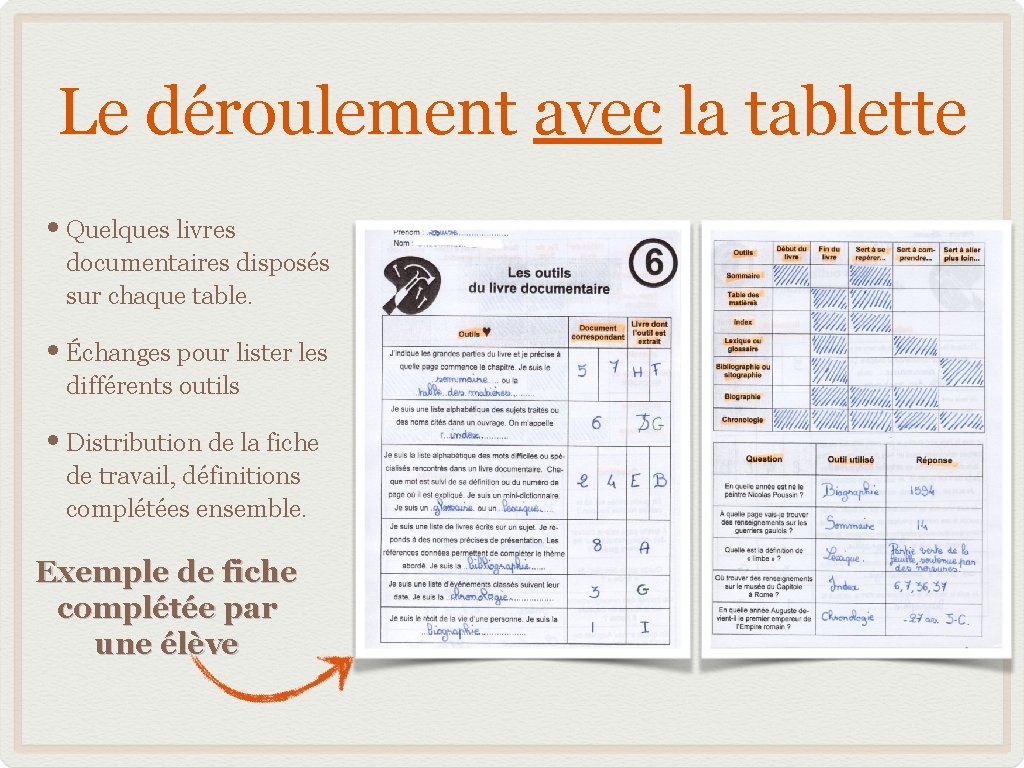 Le déroulement avec la tablette • Quelques livres documentaires disposés sur chaque table. •