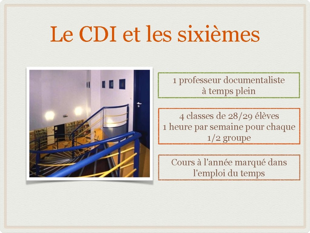 Le CDI et les sixièmes 1 professeur documentaliste à temps plein 4 classes de