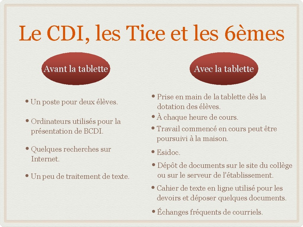 Le CDI, les Tice et les 6èmes Avant la tablette • Un poste pour