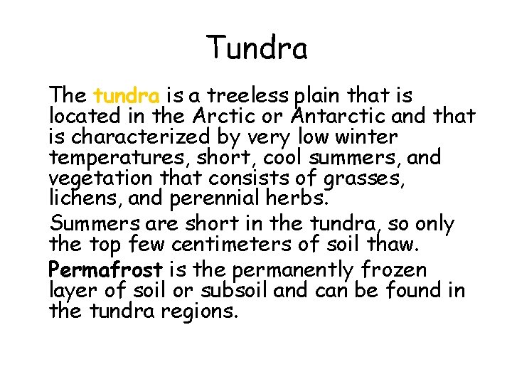 Tundra • The tundra is a treeless plain that is located in the Arctic