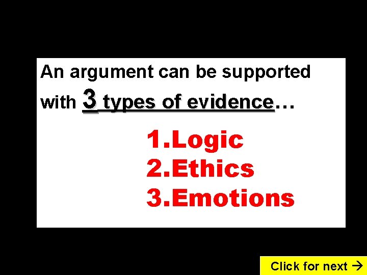 An argument can be supported with 3 types of evidence… evidence 1. Logic 2.