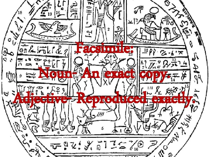 Facsimile: Noun- An exact copy. Adjective- Reproduced exactly. 