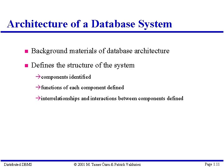 Architecture of a Database System Background materials of database architecture Defines the structure of