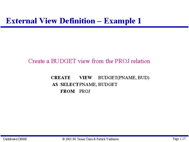 External View Definition – Example 1 Create a BUDGET view from the PROJ relation