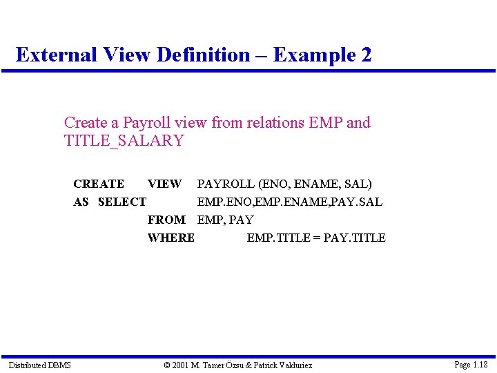 External View Definition – Example 2 Create a Payroll view from relations EMP and