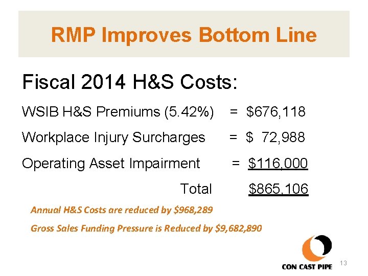 RMP Improves Bottom Line Fiscal 2014 H&S Costs: WSIB H&S Premiums (5. 42%) =