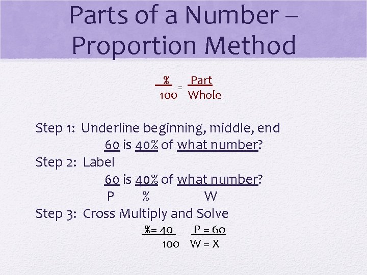 Parts of a Number – Proportion Method % Part = 100 Whole Step 1: