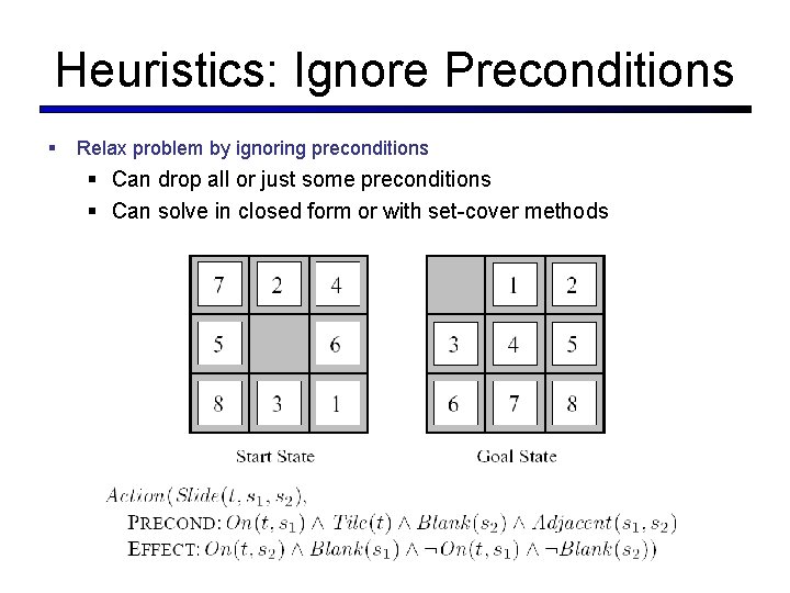 Heuristics: Ignore Preconditions Relax problem by ignoring preconditions Can drop all or just some