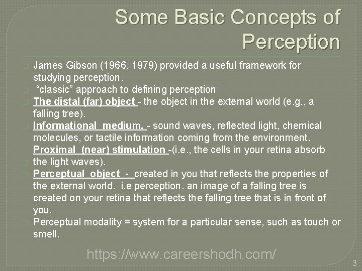 Some Basic Concepts of Perception � � � � James Gibson (1966, 1979) provided