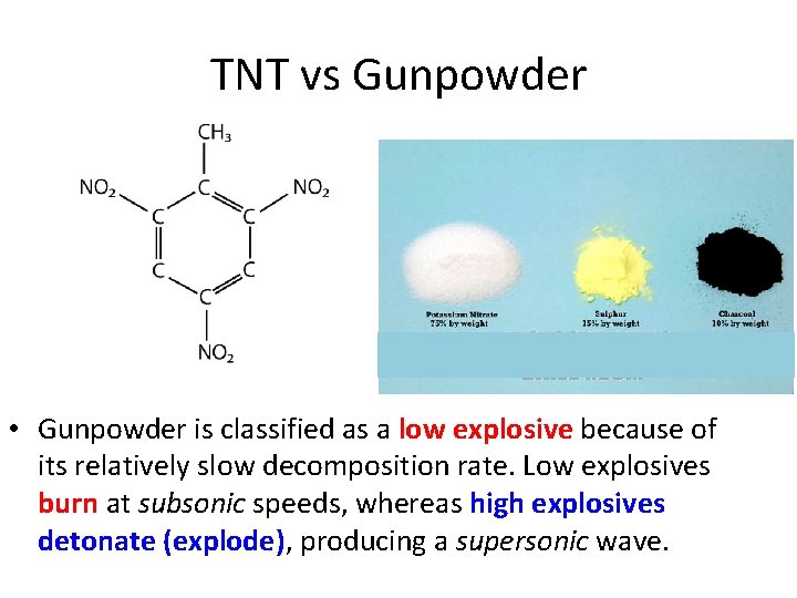 TNT vs Gunpowder • Gunpowder is classified as a low explosive because of its