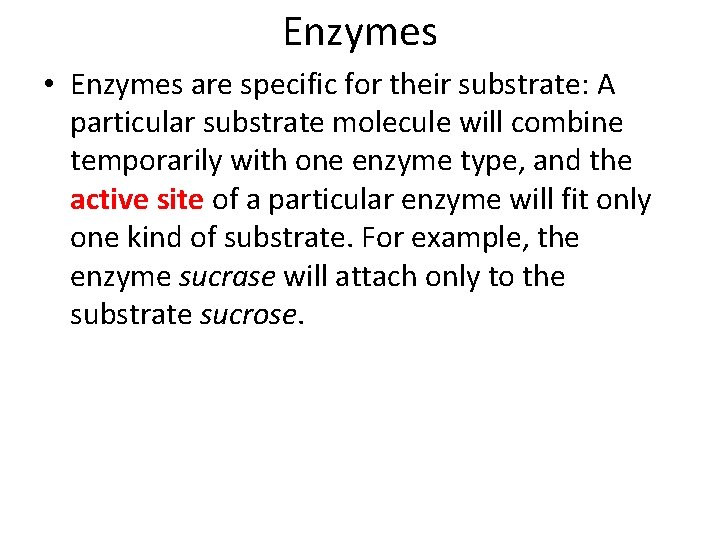 Enzymes • Enzymes are specific for their substrate: A particular substrate molecule will combine