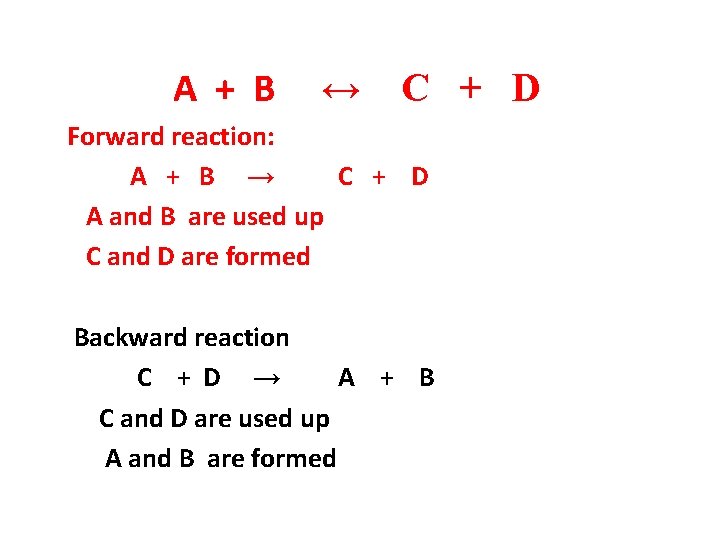 A + B ↔ C + D Forward reaction: A + B → C