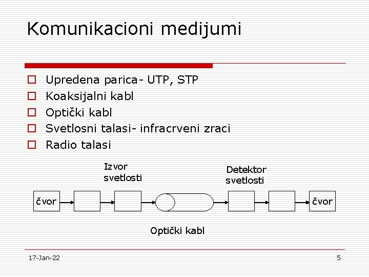 Komunikacioni medijumi o o o Upredena parica- UTP, STP Koaksijalni kabl Optički kabl Svetlosni