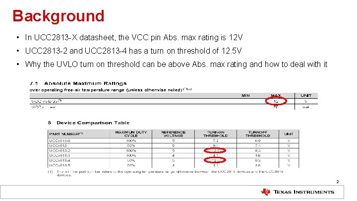 Background • In UCC 2813 -X datasheet, the VCC pin Abs. max rating is