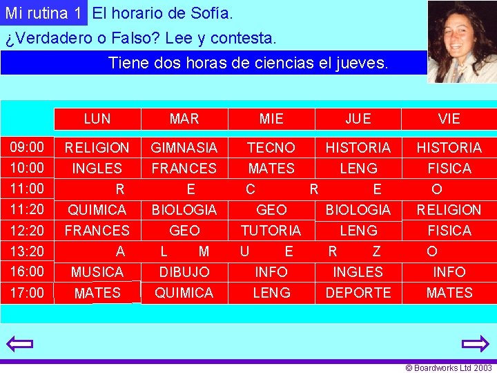 Mi rutina 1 El horario de Sofía. ¿Verdadero o Falso? Lee y contesta. Tiene