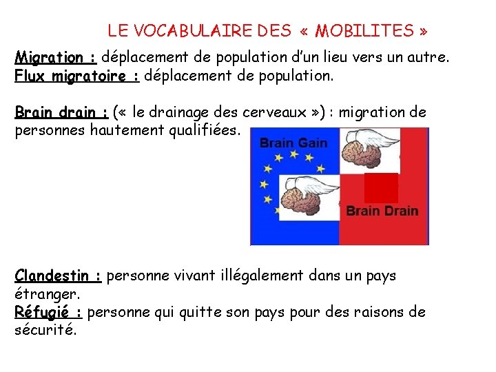 LE VOCABULAIRE DES « MOBILITES » Migration : déplacement de population d’un lieu vers
