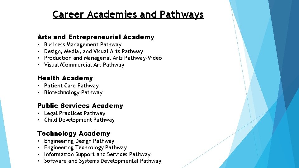 Career Academies and Pathways Arts and Entrepreneurial Academy • • Business Management Pathway Design,