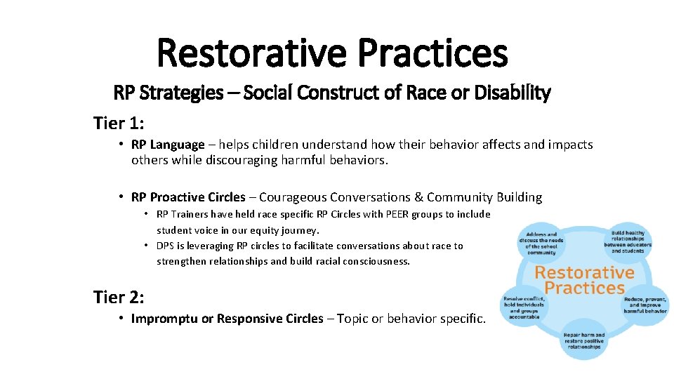 Restorative Practices RP Strategies – Social Construct of Race or Disability Tier 1: •