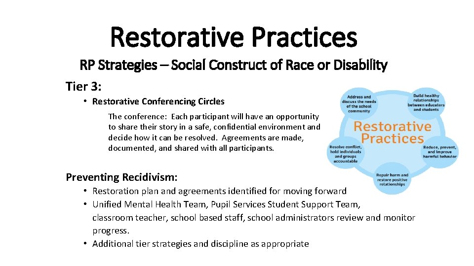 Restorative Practices RP Strategies – Social Construct of Race or Disability Tier 3: •