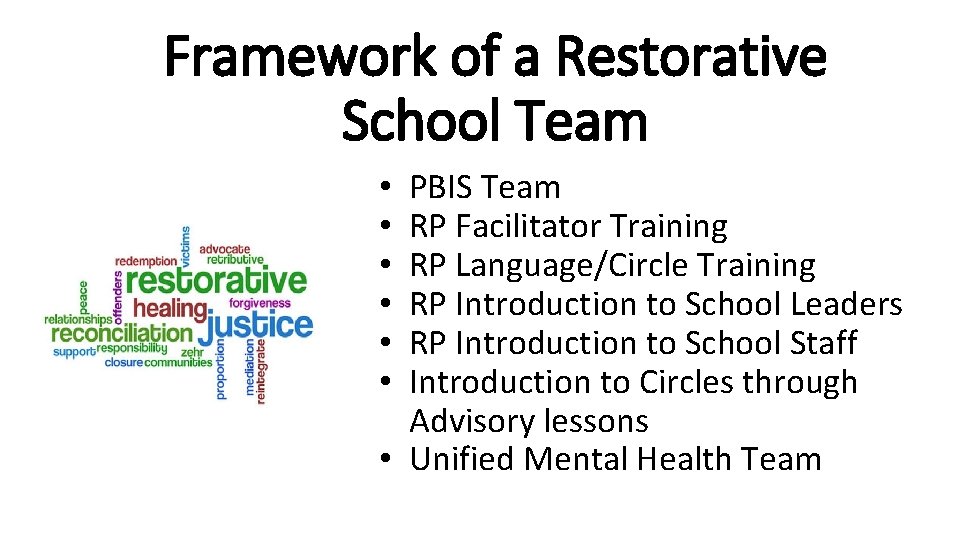 Framework of a Restorative School Team PBIS Team RP Facilitator Training RP Language/Circle Training