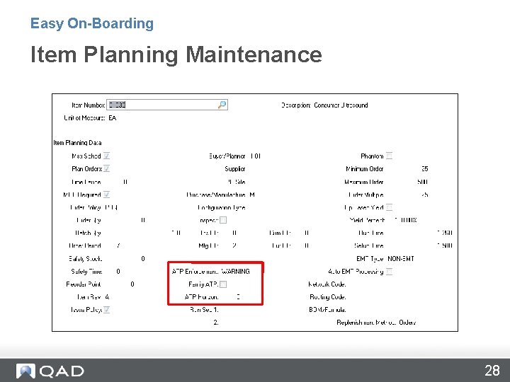 Easy On-Boarding Item Planning Maintenance 28 