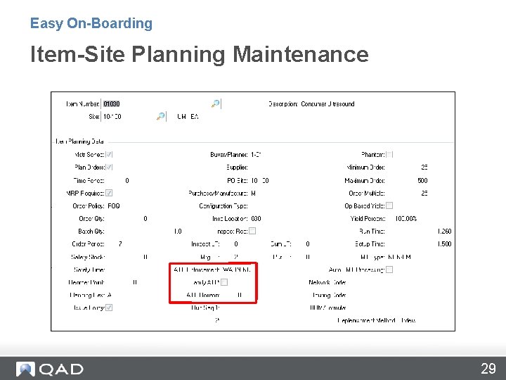 Easy On-Boarding Item-Site Planning Maintenance 29 