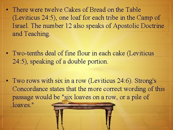  • There were twelve Cakes of Bread on the Table (Leviticus 24: 5),